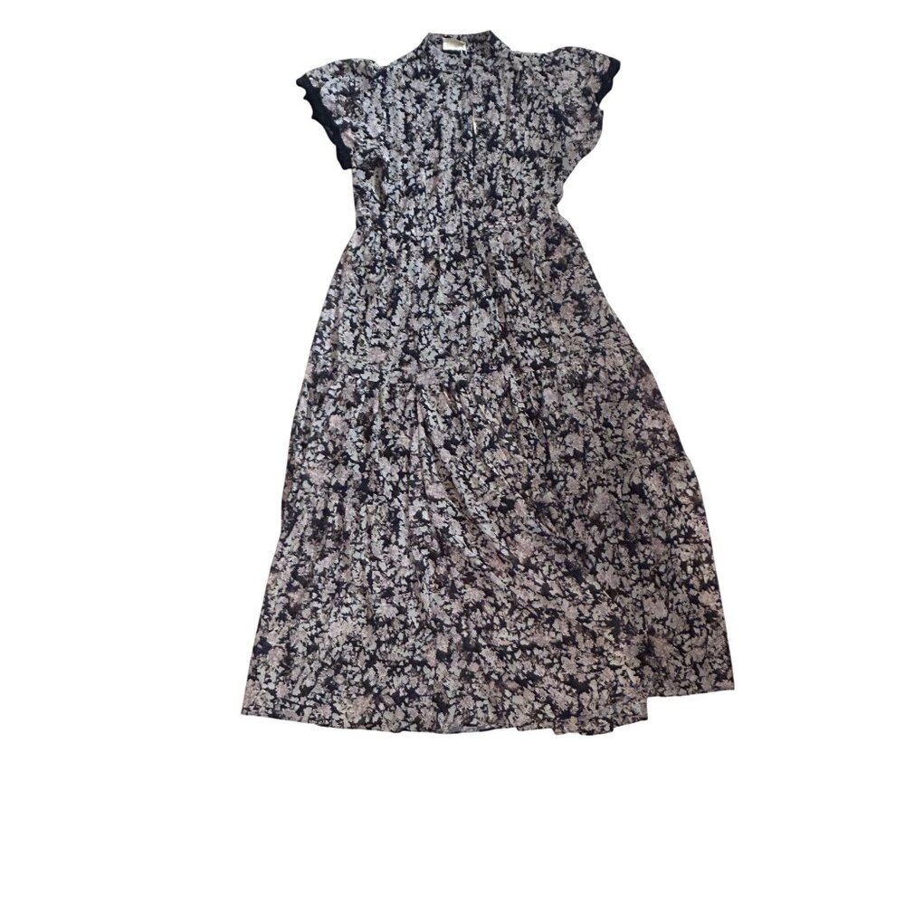 Joyfolie Womens Floral Yarn Dress XL Black Multi Midi Ruffle Sleeves Lined 1845